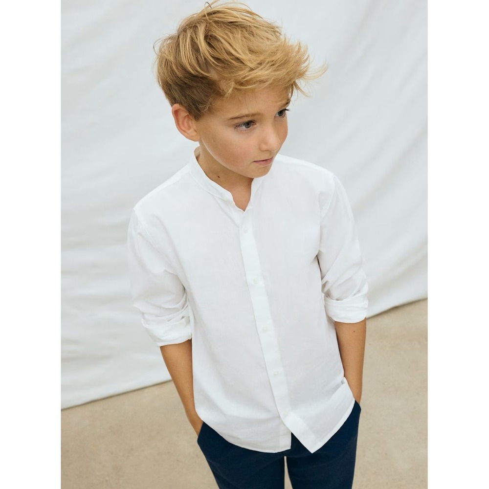 Mayoral Boys White Linen Blend Mandarin Collar Slim Fit Shirt Size 4 104cm